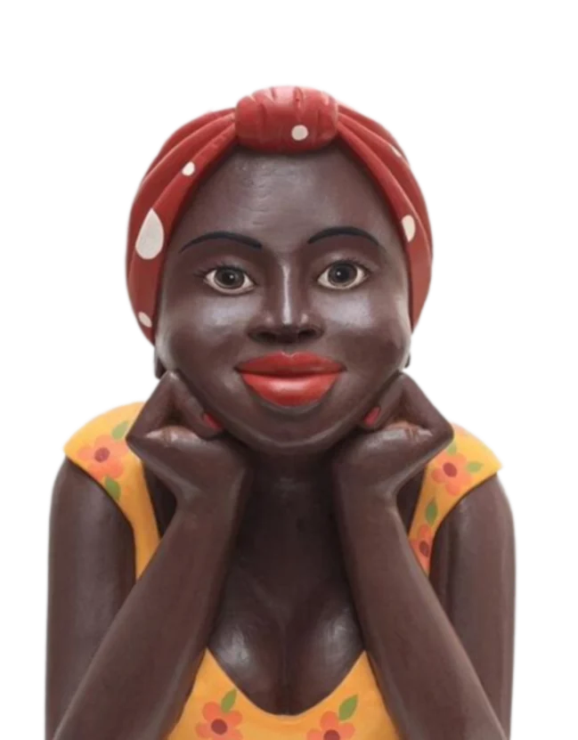 Escultura em cerâmica de mulher com lenço vermelho, artesanato popular