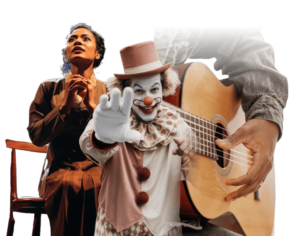 Atriz de teatro, palhaço de circo e músico com violão